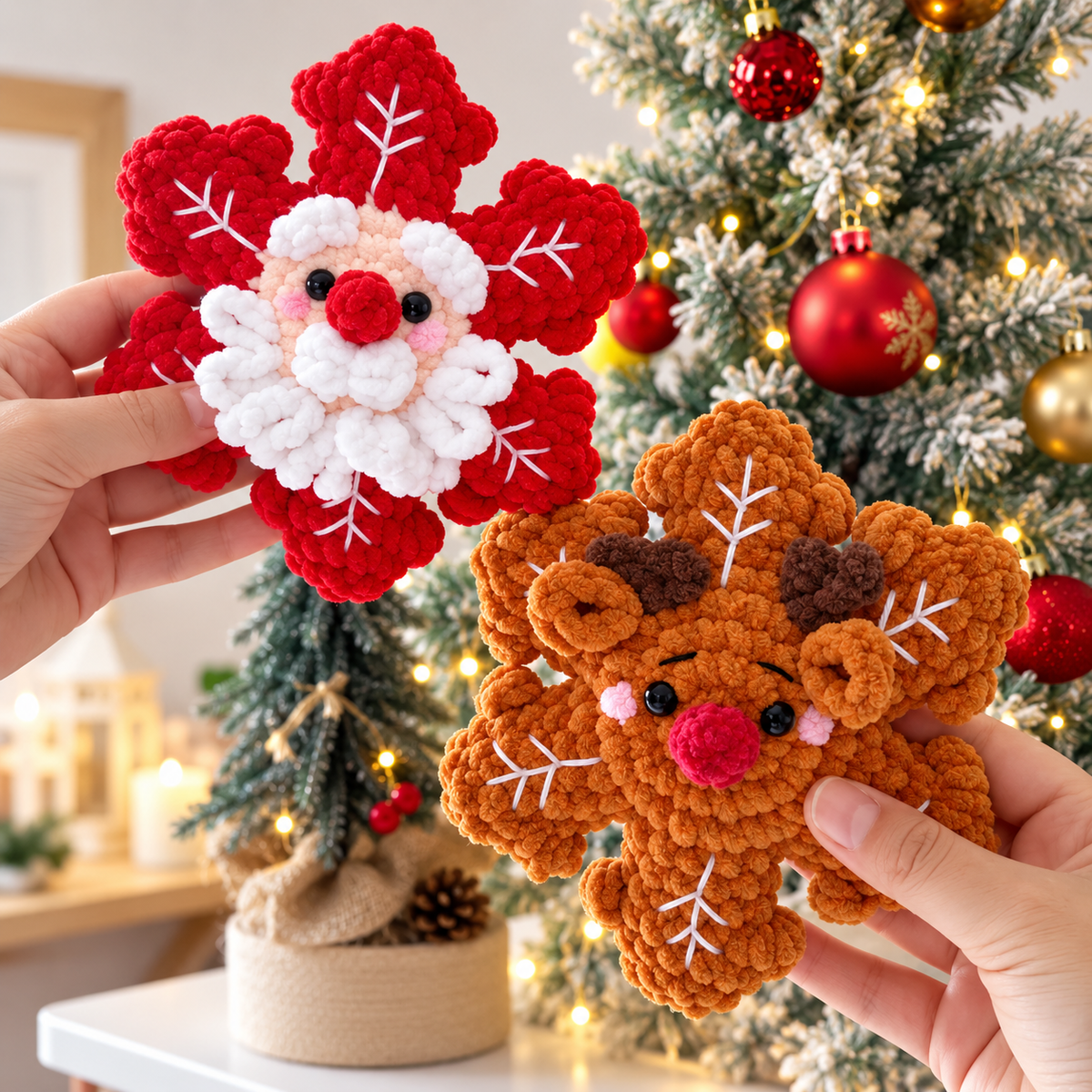 4-in-1 No-Sew Crochet Snowflake Pattern PDF | Santa, Reindeer, Snowman & Gingerbread | Christmas Amigurumi Ornament Pattern