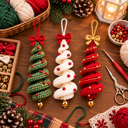 3 in 1 Christmas Spiral Crochet Pattern Bundle PDF |  Crochet Christmas Tree Ornament | Hanging Holiday Decor | Xmas Crochet Pattern