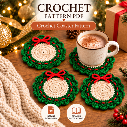 Christmas Wreath Coaster Crochet Pattern PDF, Holiday Table Decor, Christmas Crochet Coaster, Festive Mug Mat, Beginner Crochet Pattern