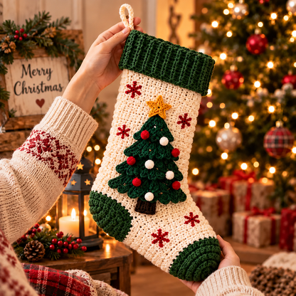 5 in 1 Christmas Stocking Crochet Pattern PDF, Tree Reindeer Snowman Poinsettia Gingerbread Stocking, Holiday Decor Pattern Bundle