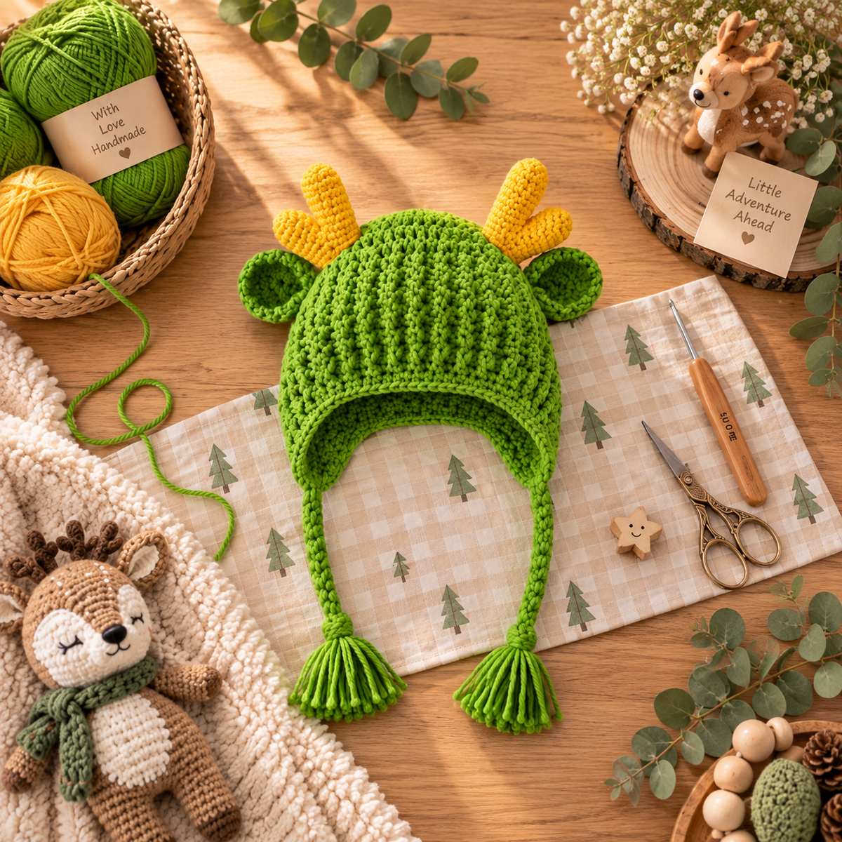 Baby Deer Earflap Hat Crochet Pattern PDF | Woodland Animal Hat | Crochet Baby Hat Pattern | Forest Deer Hat | Baby Shower Gift
