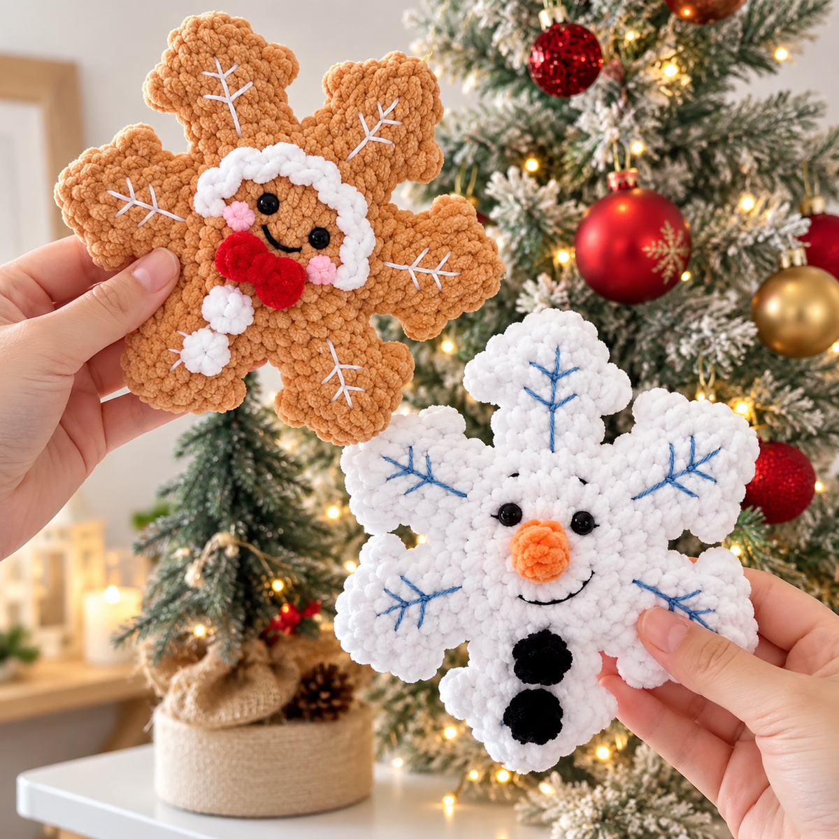 4-in-1 No-Sew Crochet Snowflake Pattern PDF | Santa, Reindeer, Snowman & Gingerbread | Christmas Amigurumi Ornament Pattern