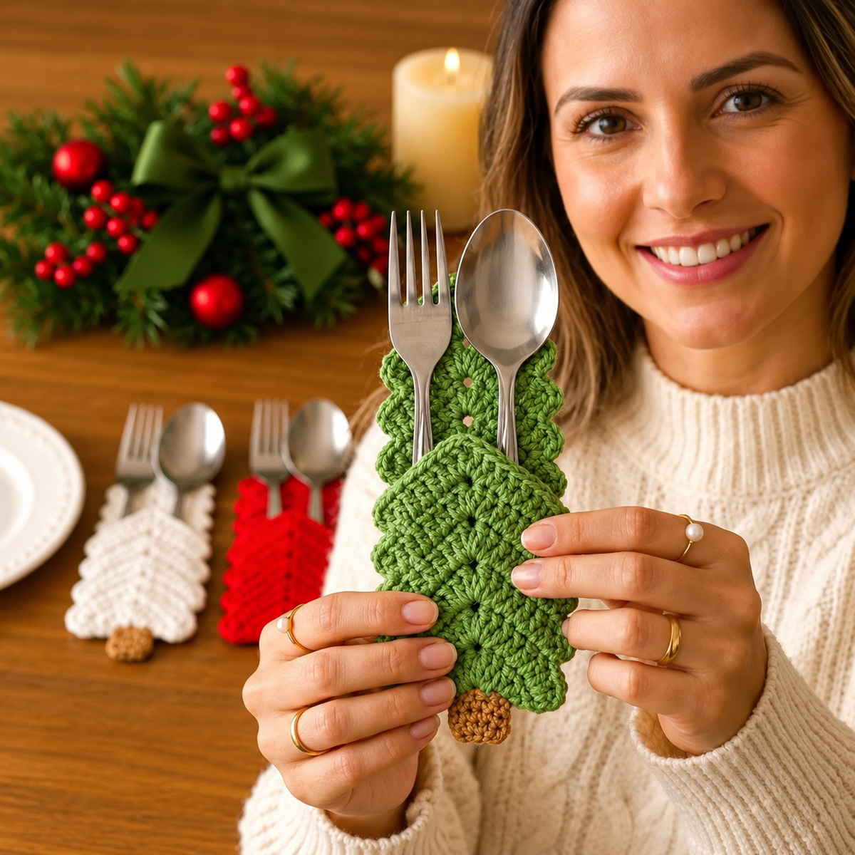 Christmas Tree Cutlery Holder Crochet Pattern PDF |  Christmas Table Decor | Holiday Silverware Holder | Xmas Place Setting Crochet Pattern