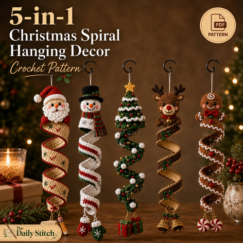 Christmas Spiral Ornament Crochet Pattern PDF | 5 in 1 Santa Snowman Reindeer Gingerbread Tree | Amigurumi Hanging Decor Digital Download
