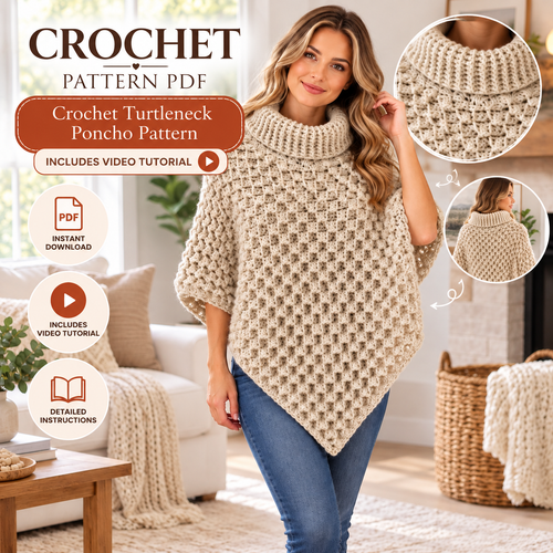 Crochet Turtleneck Poncho Pattern PDF + Video Tutorial, Chunky Textured Poncho, Cozy Women's Crochet Cape, Fall Winter Crochet Pattern