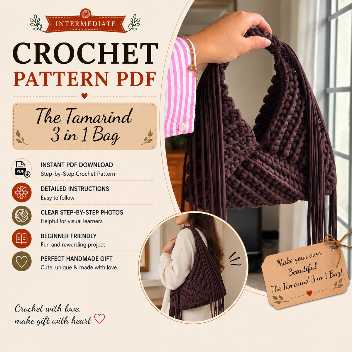 Tamarin 3 in 1 Crochet Bag Pattern PDF + Video Tutorial, Fringe Hobo Bag, Boho Shoulder Bag Crochet Pattern, 4 Languages