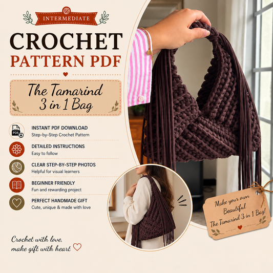 Tamarin 3 in 1 Crochet Bag Pattern PDF + Video Tutorial, Fringe Hobo Bag, Boho Shoulder Bag Crochet Pattern, 4 Languages