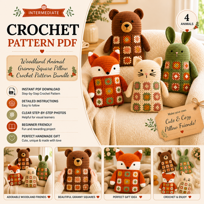 4 in 1 Woodland Animal Granny Square Pillow Crochet Pattern PDF | Bear Fox Cat Bunny Crochet Cushion |  Amigurumi Pillow Pattern Bundle