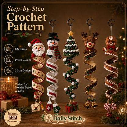 Christmas Spiral Ornament Crochet Pattern PDF | 5 in 1 Santa Snowman Reindeer Gingerbread Tree | Amigurumi Hanging Decor Digital Download