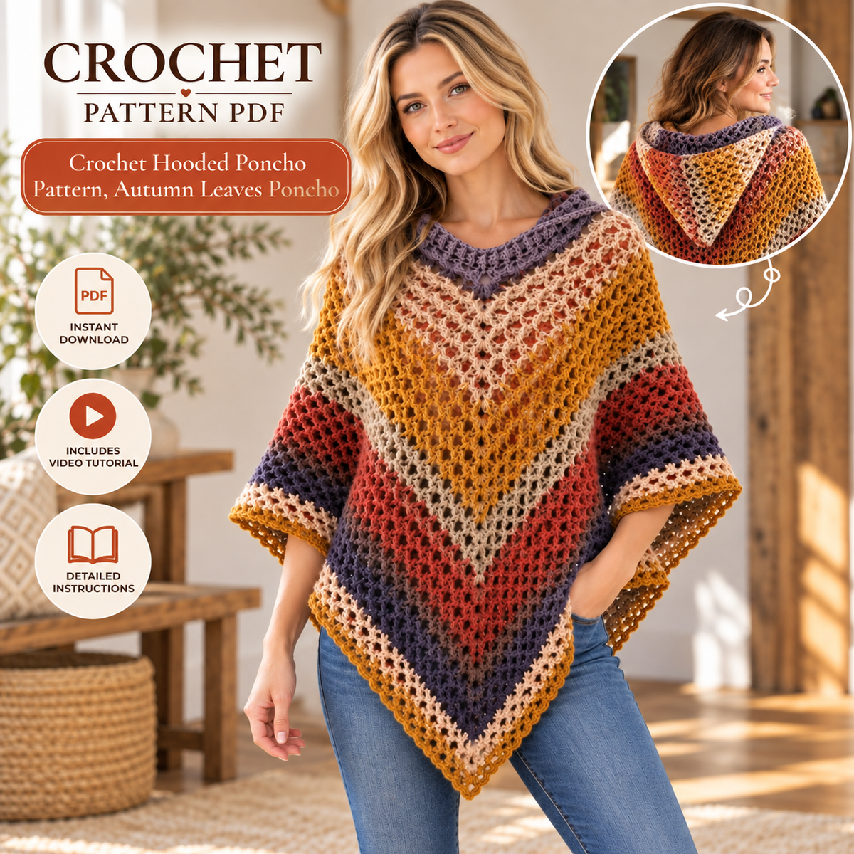 Crochet Hooded Poncho Pattern PDF + Video Tutorial, Autumn Leaves Poncho Crochet Pattern, Women’s Boho Poncho, Fall Crochet Clothing