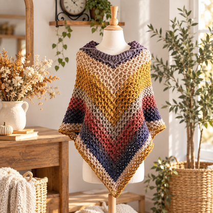 Crochet Hooded Poncho Pattern PDF + Video Tutorial, Autumn Leaves Poncho Crochet Pattern, Women’s Boho Poncho, Fall Crochet Clothing