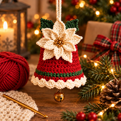 3-in-1 Crochet Christmas Bell Ornament Pattern PDF | Christmas Tree Decorations | Poinsettia, Snowflake & Bow Bell | Holiday Crochet Pattern