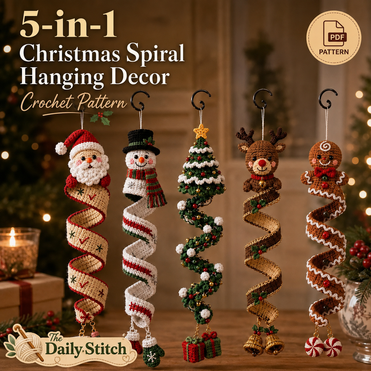 Christmas Spiral Ornament Crochet Pattern PDF | 5 in 1 Santa Snowman Reindeer Gingerbread Tree | Amigurumi Hanging Decor Digital Download