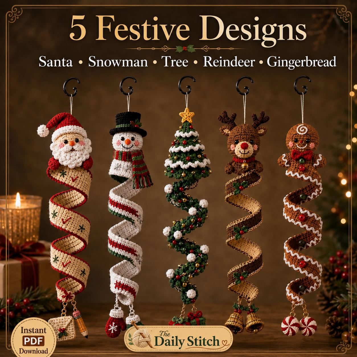 Christmas Spiral Ornament Crochet Pattern PDF | 5 in 1 Santa Snowman Reindeer Gingerbread Tree | Amigurumi Hanging Decor Digital Download