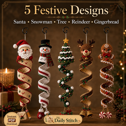 Christmas Spiral Ornament Crochet Pattern PDF | 5 in 1 Santa Snowman Reindeer Gingerbread Tree | Amigurumi Hanging Decor Digital Download