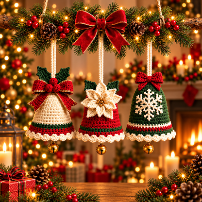 3-in-1 Crochet Christmas Bell Ornament Pattern PDF | Christmas Tree Decorations | Poinsettia, Snowflake & Bow Bell | Holiday Crochet Pattern