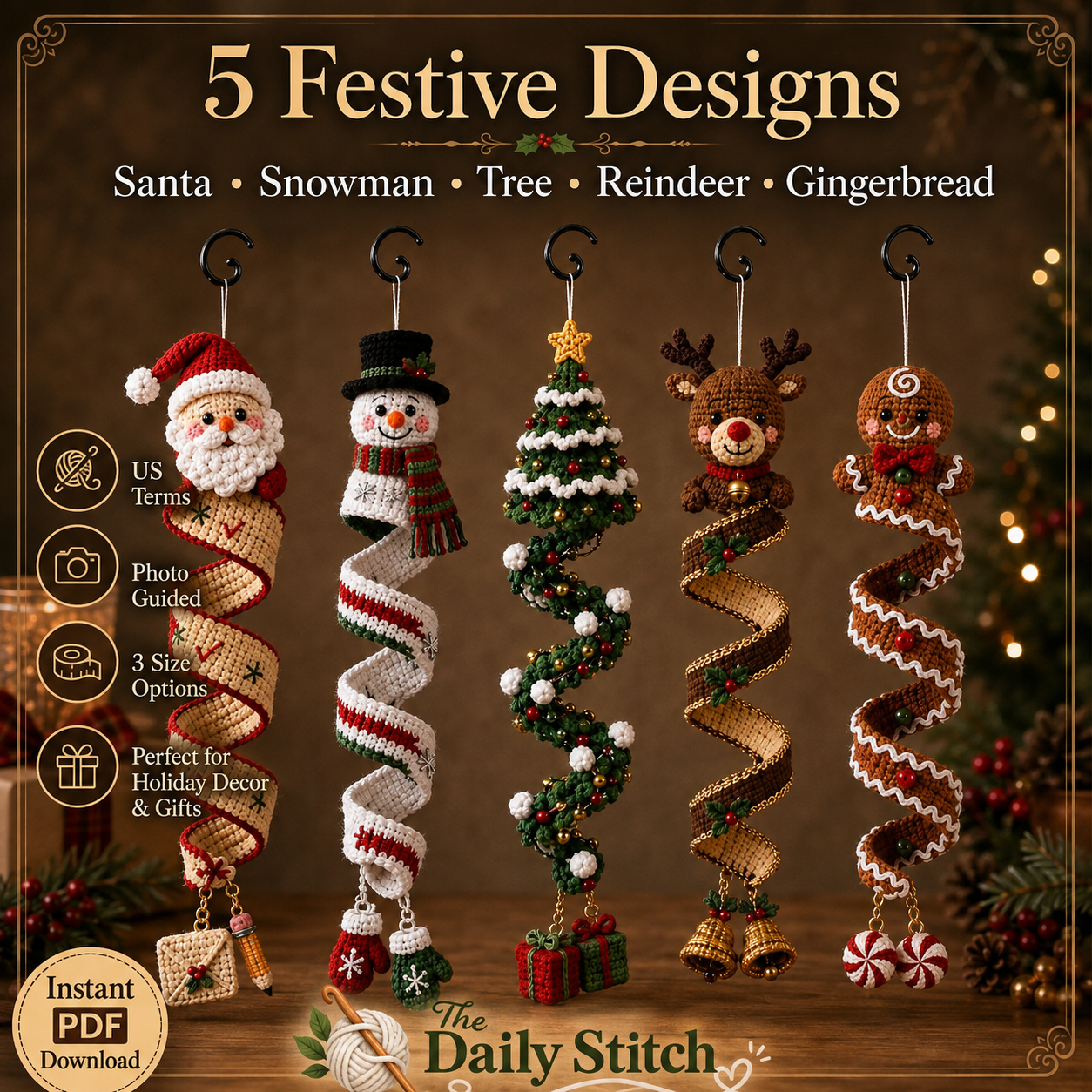 Christmas Spiral Ornament Crochet Pattern PDF | 5 in 1 Santa Snowman Reindeer Gingerbread Tree | Amigurumi Hanging Decor Digital Download