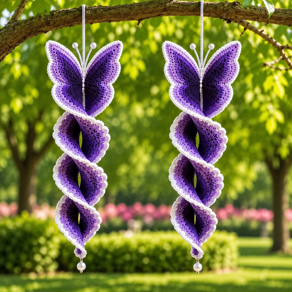 Crochet Butterfly Wind Spinner Pattern PDF | Butterfly Spiral Hanging Decor | Purple Garden Ornament | Crochet Suncatcher Pattern