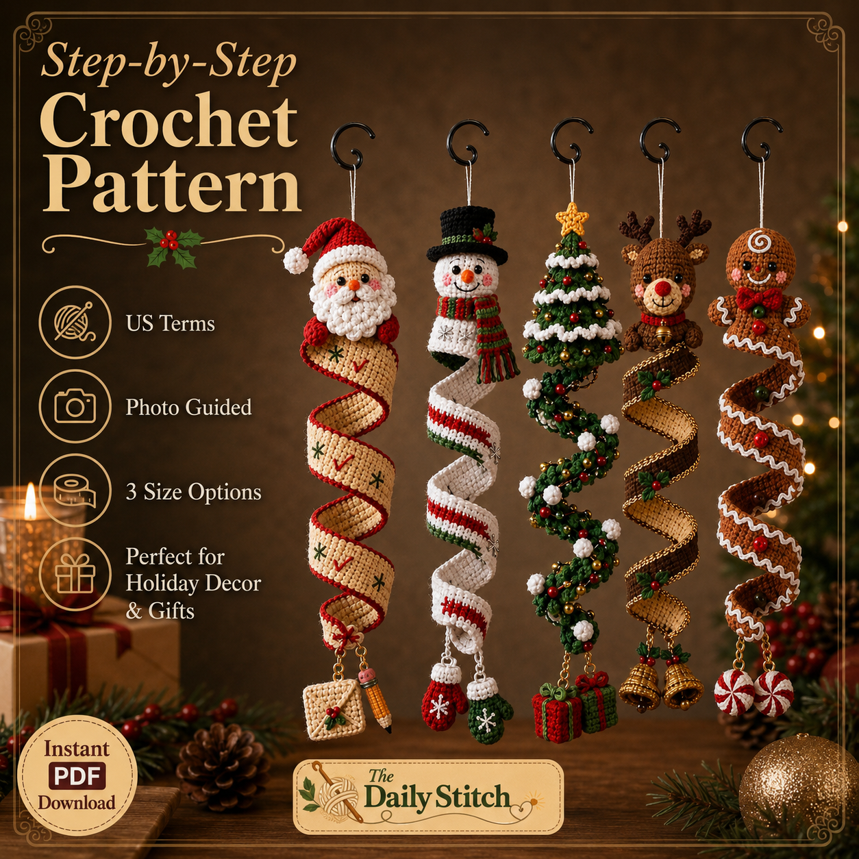 Christmas Spiral Ornament Crochet Pattern PDF | 5 in 1 Santa Snowman Reindeer Gingerbread Tree | Amigurumi Hanging Decor Digital Download