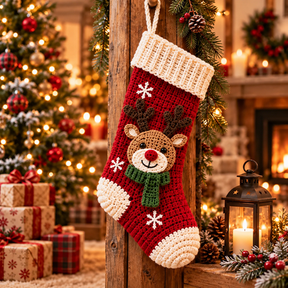 5 in 1 Christmas Stocking Crochet Pattern PDF, Tree Reindeer Snowman Poinsettia Gingerbread Stocking, Holiday Decor Pattern Bundle