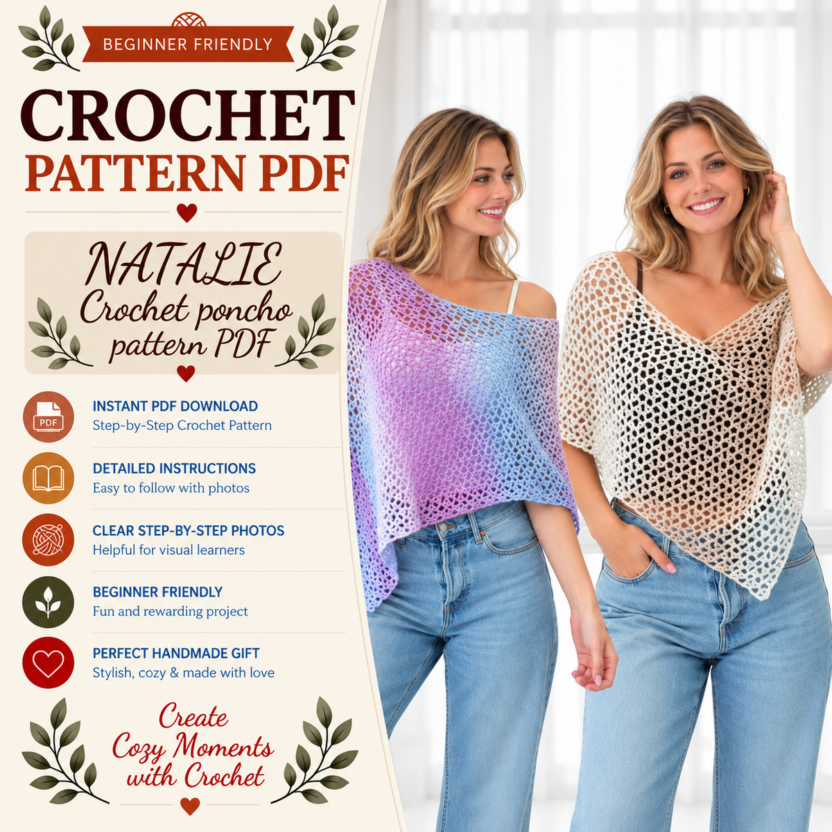 NATALIE Crochet Poncho Pattern PDF | Easy Lace Poncho & Shawl Pattern | 2 Lengths XS–4XL | Beginner Friendly Crochet Top