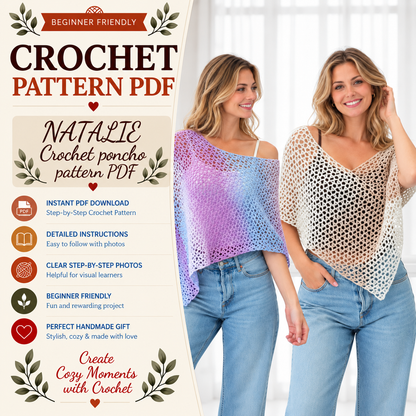 NATALIE Crochet Poncho Pattern PDF | Easy Lace Poncho & Shawl Pattern | 2 Lengths XS–4XL | Beginner Friendly Crochet Top