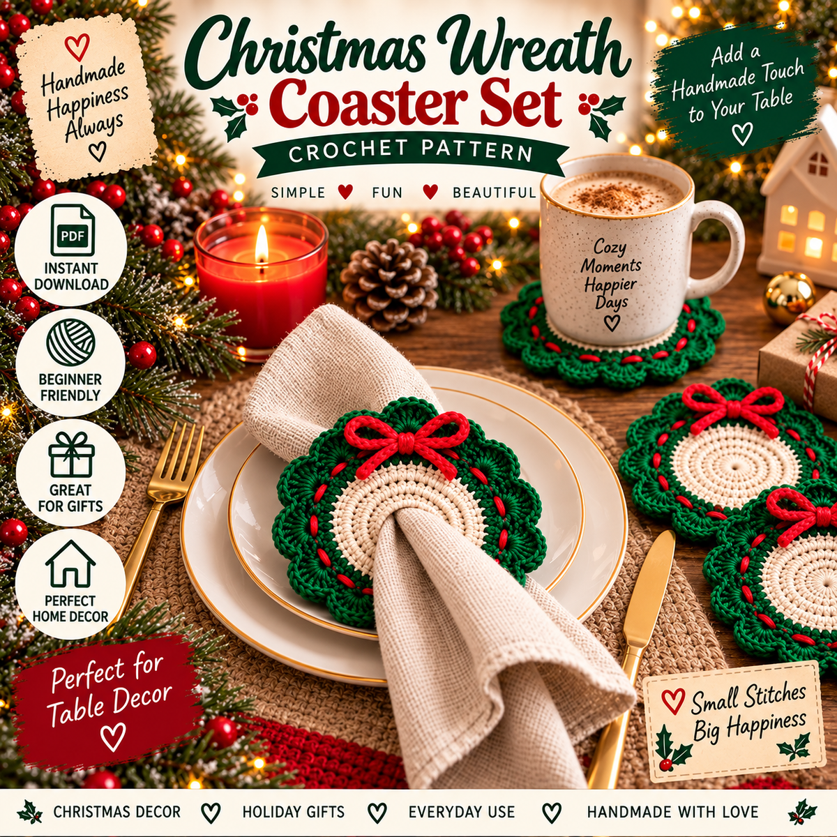 Christmas Wreath Coaster Crochet Pattern PDF, Holiday Table Decor, Christmas Crochet Coaster, Festive Mug Mat, Beginner Crochet Pattern