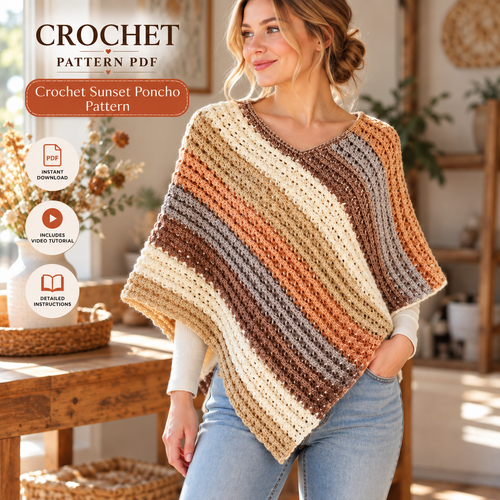 Crochet Sunset Poncho Pattern PDF + Video Tutorial, Women Crochet Poncho Pattern, Boho Crochet Top, Easy Pullover Pattern, Instant Download
