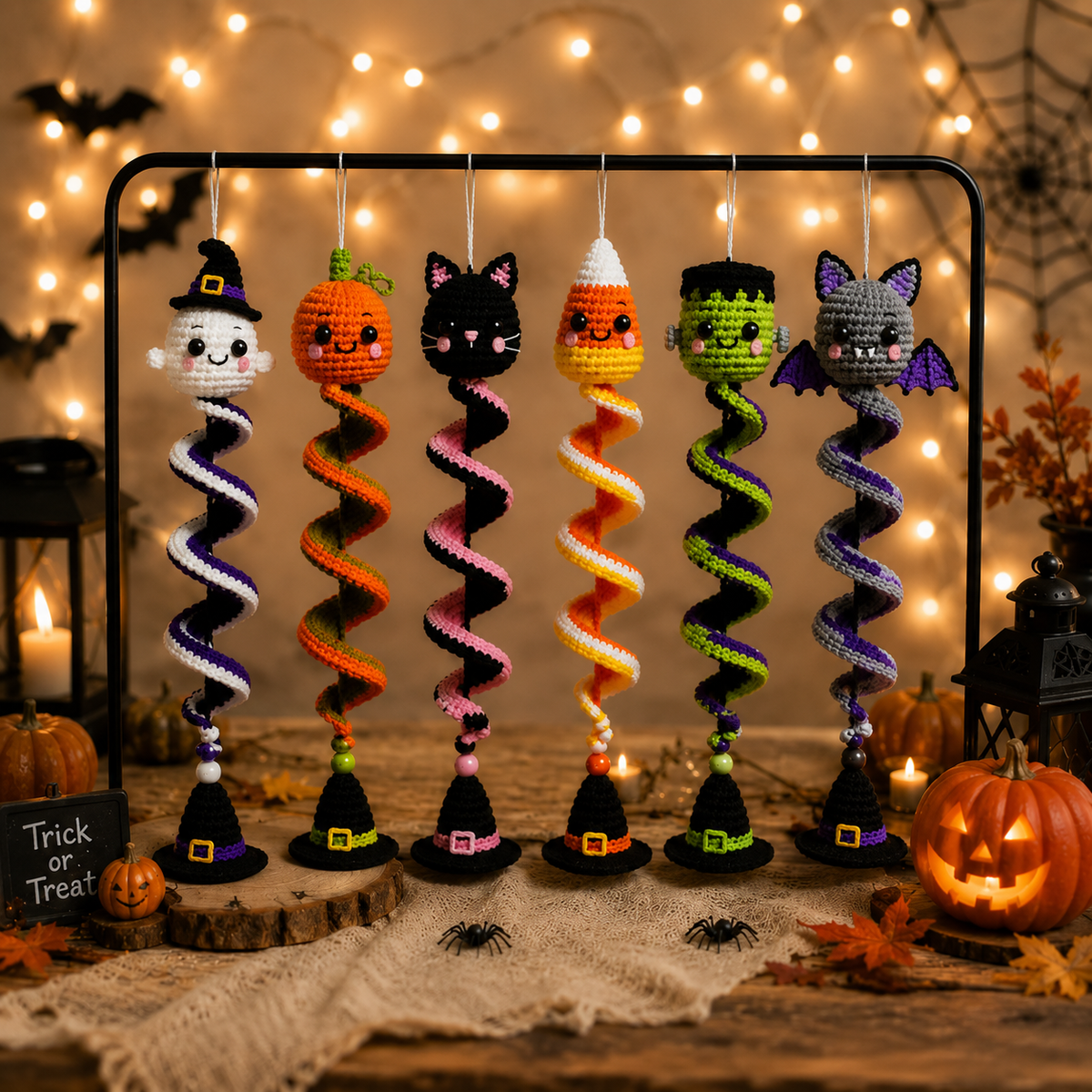 6-in-1 Halloween Spiral Ornament Crochet Pattern PDF |  Ghost Pumpkin Black Cat Candy Corn Frankenstein & Bat | Hanging Wind Spinner Decor