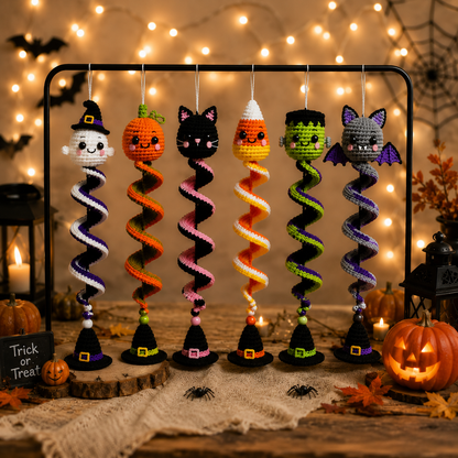 6-in-1 Halloween Spiral Ornament Crochet Pattern PDF |  Ghost Pumpkin Black Cat Candy Corn Frankenstein & Bat | Hanging Wind Spinner Decor