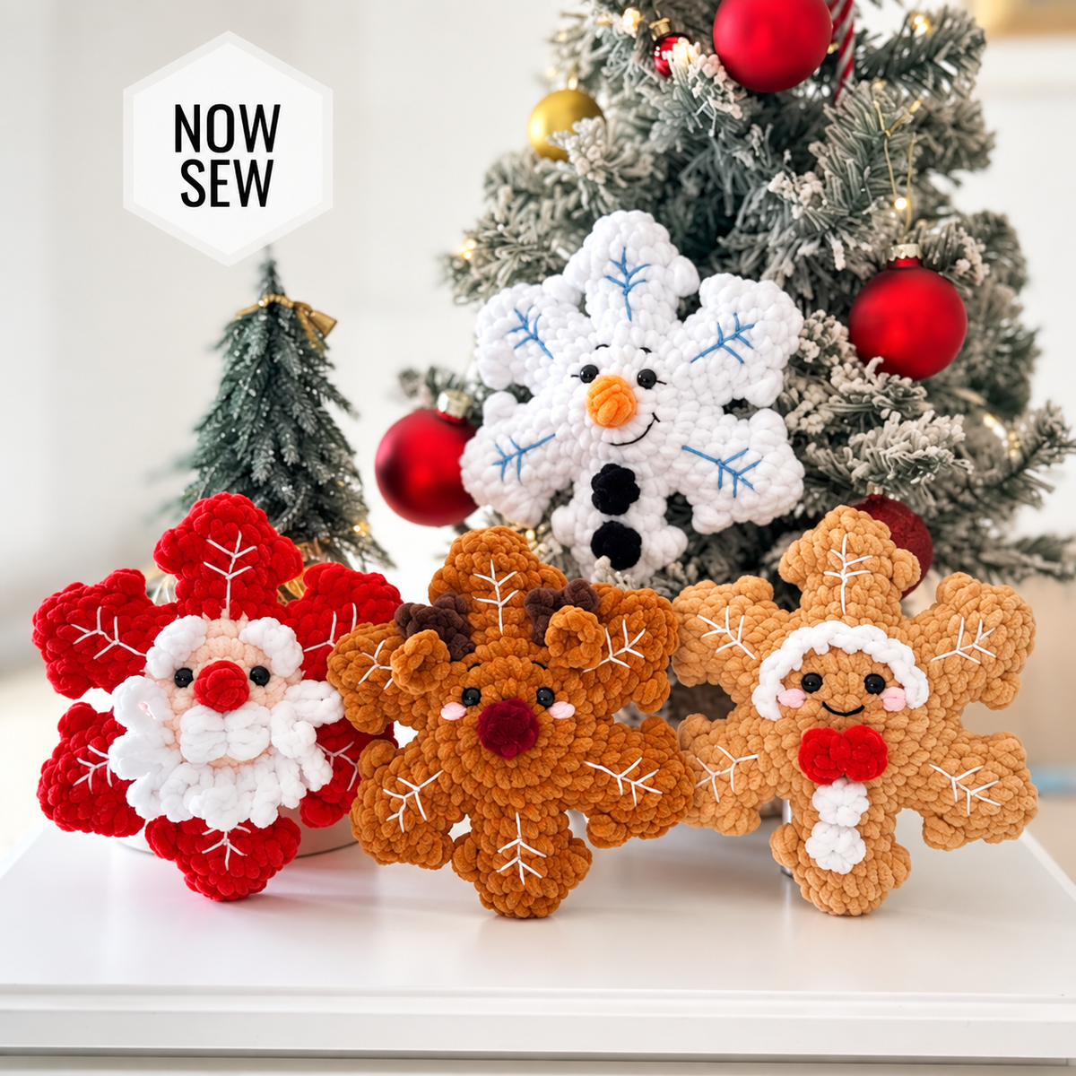 4-in-1 No-Sew Crochet Snowflake Pattern PDF | Santa, Reindeer, Snowman & Gingerbread | Christmas Amigurumi Ornament Pattern