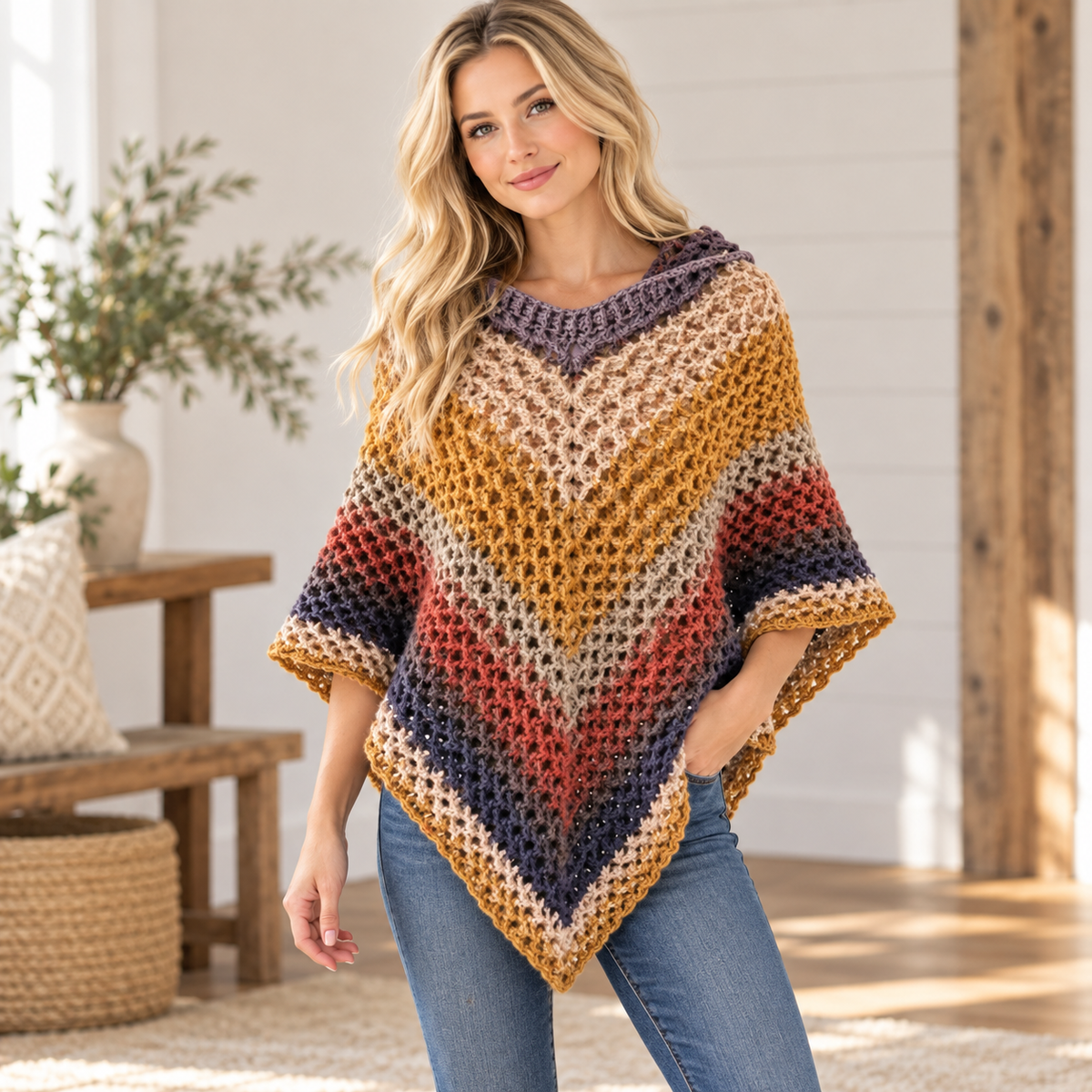 Crochet Hooded Poncho Pattern PDF + Video Tutorial, Autumn Leaves Poncho Crochet Pattern, Women’s Boho Poncho, Fall Crochet Clothing