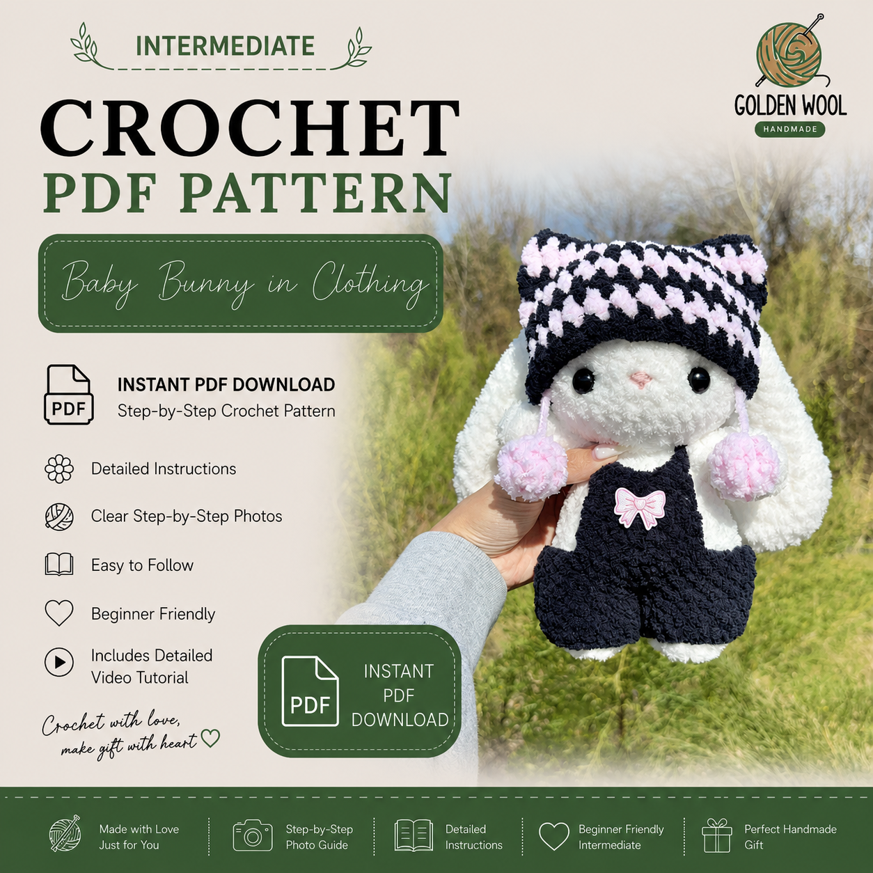 10-in-1 Baby Bunny Crochet Pattern Bundle PDF – Cute Bunny with Interchangeable Outfits | Digital Download with Step-by-Step Video Tutorial