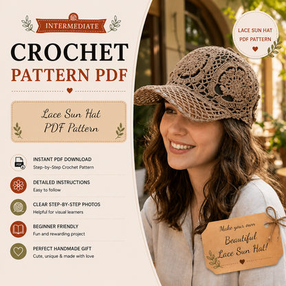 Lace Sun Hat Crochet Pattern PDF | Floral Crochet Cap Pattern | Boho Summer Hat | Openwork Crochet Hat Pattern | Women's Digital Download