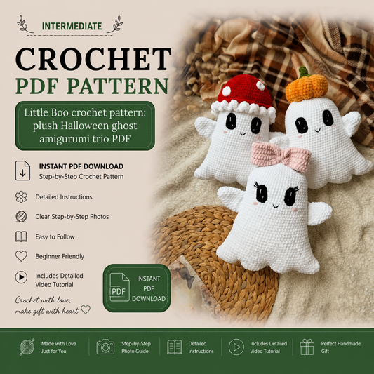 3-in-1 Little Boo Ghost Crochet Pattern PDF, Cute Halloween Amigurumi Ghosts | Pumpkin Mushroom & Bow Plush |Spooky Crochet Pattern