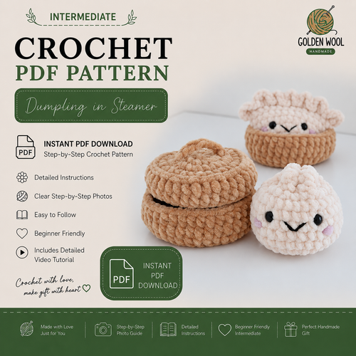 2-in-1 Dumpling & Bao Bun Crochet Pattern PDF – No-Sew Kawaii Amigurumi with Steamer Basket | Digital Download with Step-by-Step Video Tutorial