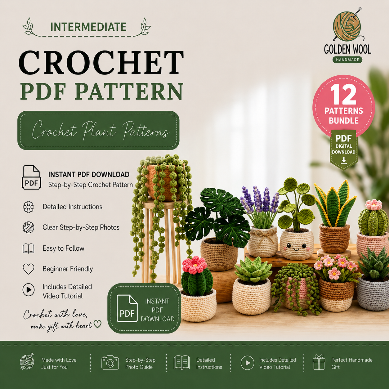 12-in-1 Crochet Plant Patterns Bundle PDF – Amigurumi Houseplants, Succulents & Cactus | Digital Download with Step-by-Step Video Tutorial