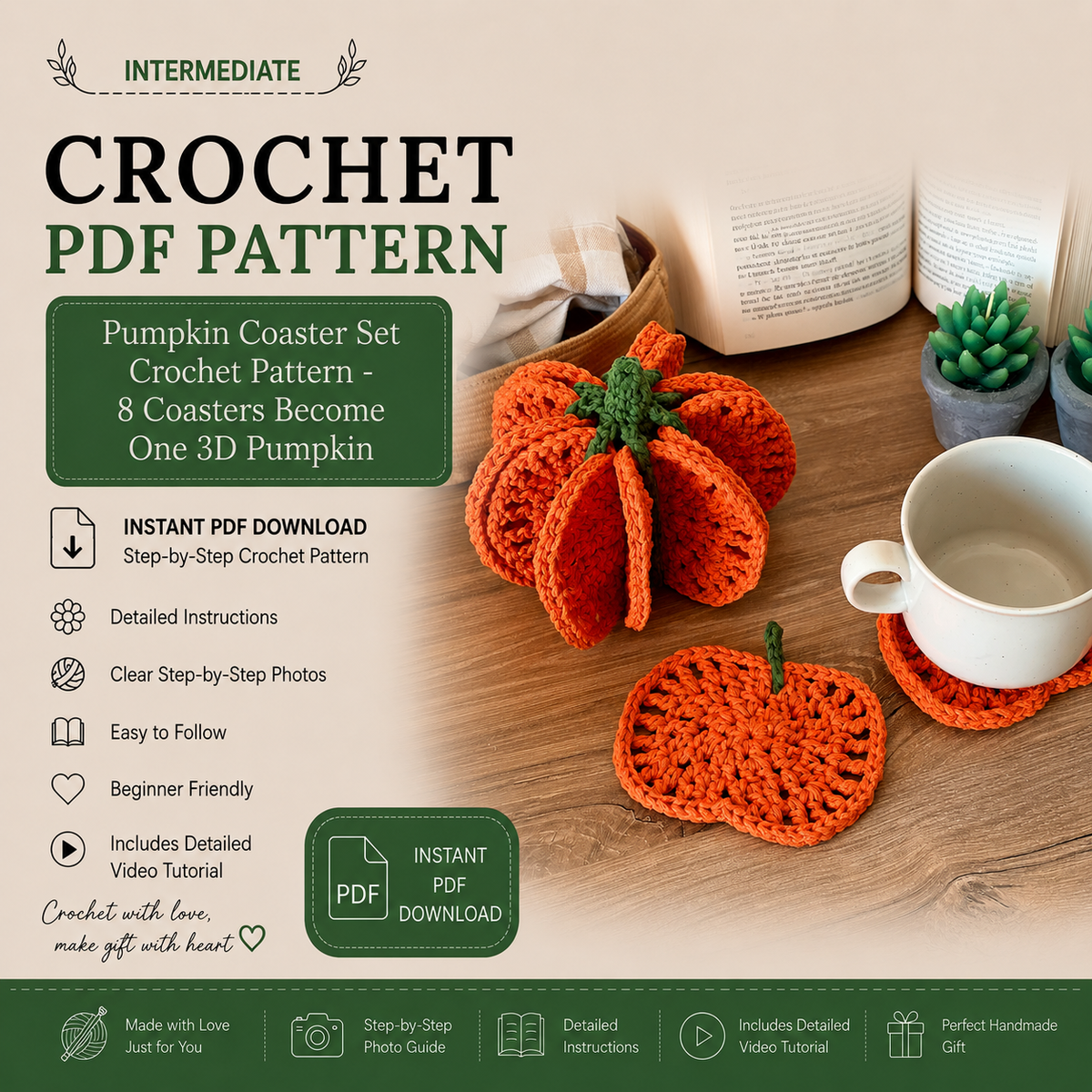 Pumpkin Coaster Set Crochet Pattern PDF |8-in-1 Crochet Coasters Become 3D Pumpkin | Fall Halloween Table Decor | Autumn Crochet Pattern