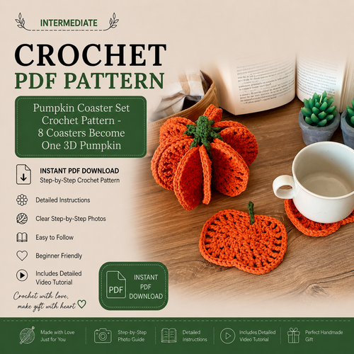 Pumpkin Coaster Set Crochet Pattern PDF |8-in-1 Crochet Coasters Become 3D Pumpkin | Fall Halloween Table Decor | Autumn Crochet Pattern
