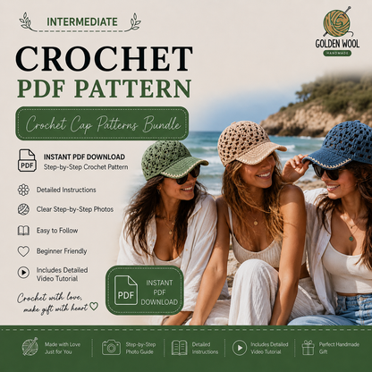 12-in-1 Crochet Cap Patterns Bundle PDF – Stylish Summer Baseball Hats | Digital Download with Step-by-Step Video Tutorial