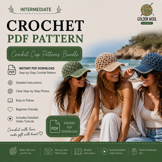 12-in-1 Crochet Cap Patterns Bundle PDF – Stylish Summer Baseball Hats | Digital Download with Step-by-Step Video Tutorial