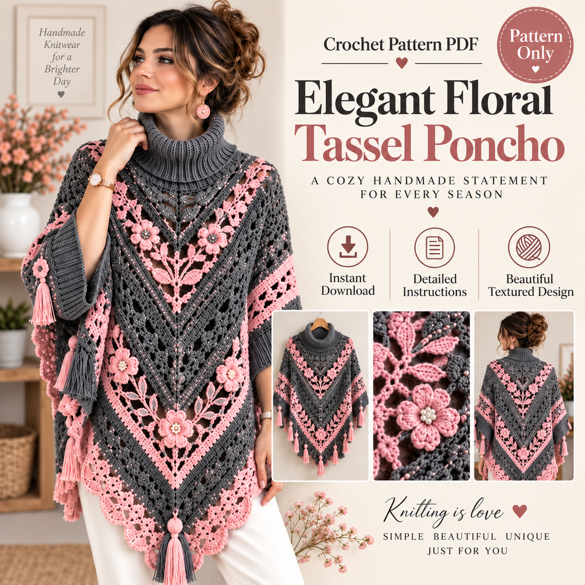 Elegant Floral Poncho Crochet Pattern PDF | Boho Crochet Poncho | Floral Lace Shawl Pattern | Crochet Wrap Pattern | Women's Crochet Clothing