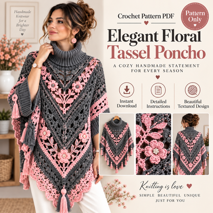Elegant Floral Poncho Crochet Pattern PDF | Boho Crochet Poncho | Floral Lace Shawl Pattern | Crochet Wrap Pattern | Women's Crochet Clothing