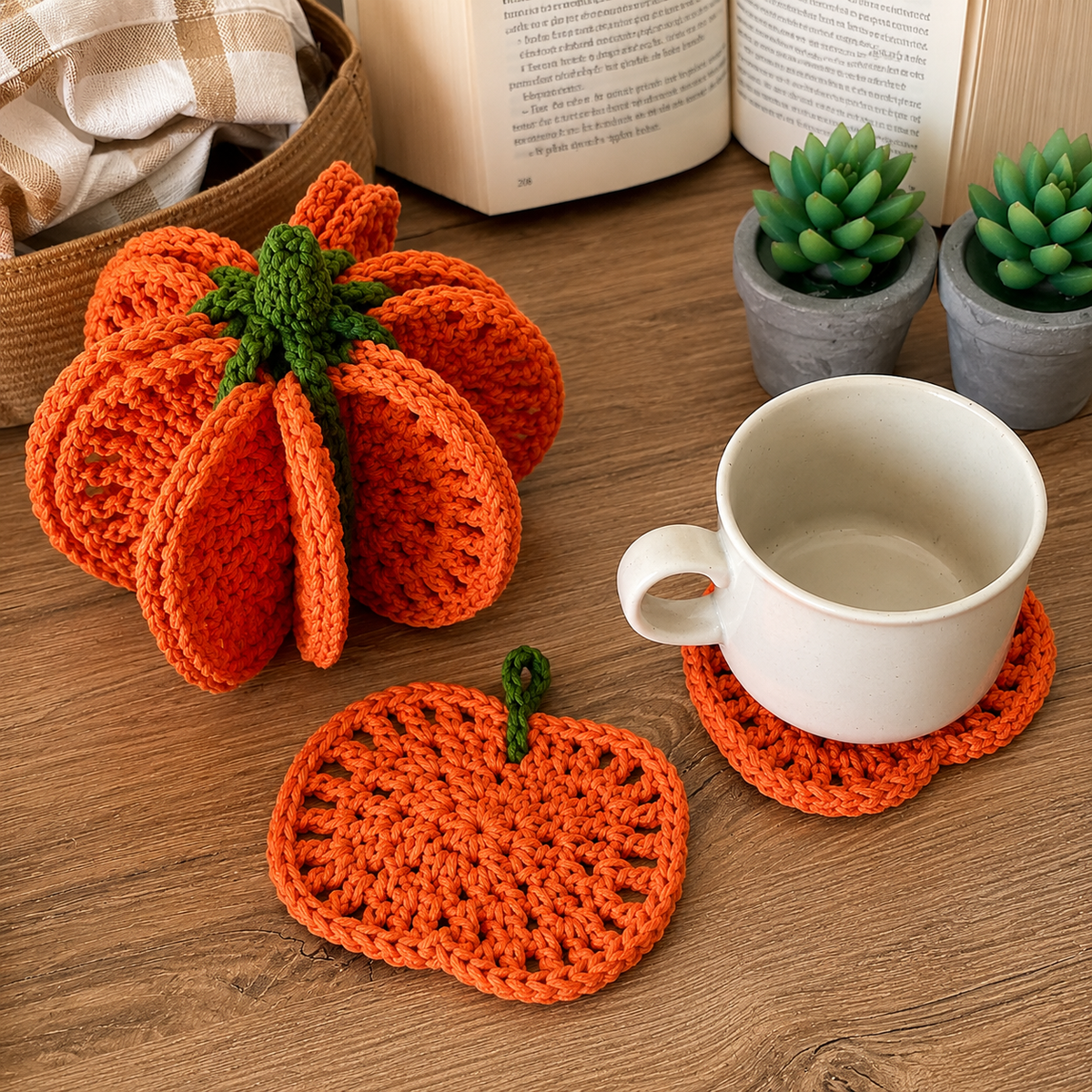 Pumpkin Coaster Set Crochet Pattern PDF |8-in-1 Crochet Coasters Become 3D Pumpkin | Fall Halloween Table Decor | Autumn Crochet Pattern