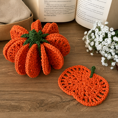 Pumpkin Coaster Set Crochet Pattern PDF |8-in-1 Crochet Coasters Become 3D Pumpkin | Fall Halloween Table Decor | Autumn Crochet Pattern