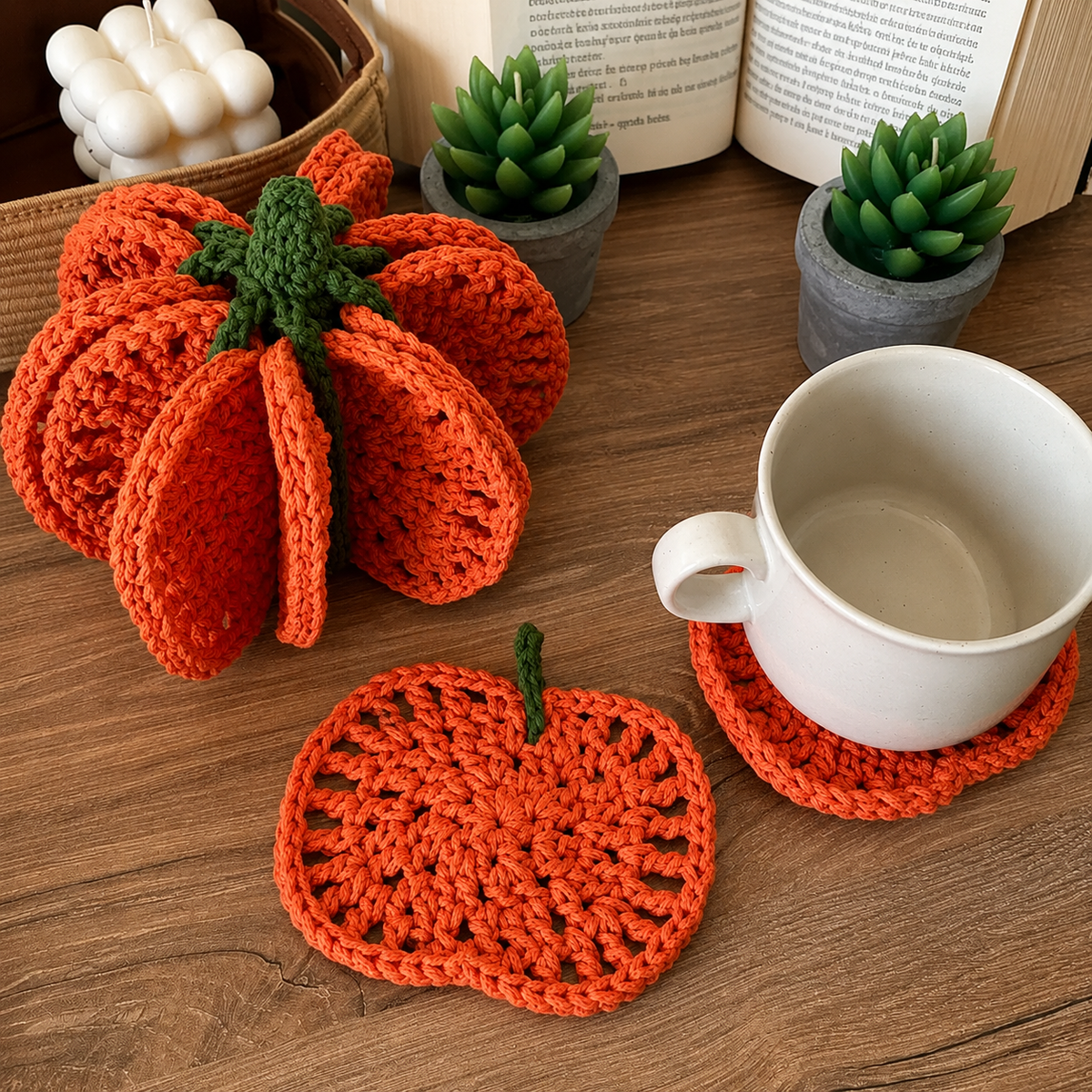 Pumpkin Coaster Set Crochet Pattern PDF |8-in-1 Crochet Coasters Become 3D Pumpkin | Fall Halloween Table Decor | Autumn Crochet Pattern