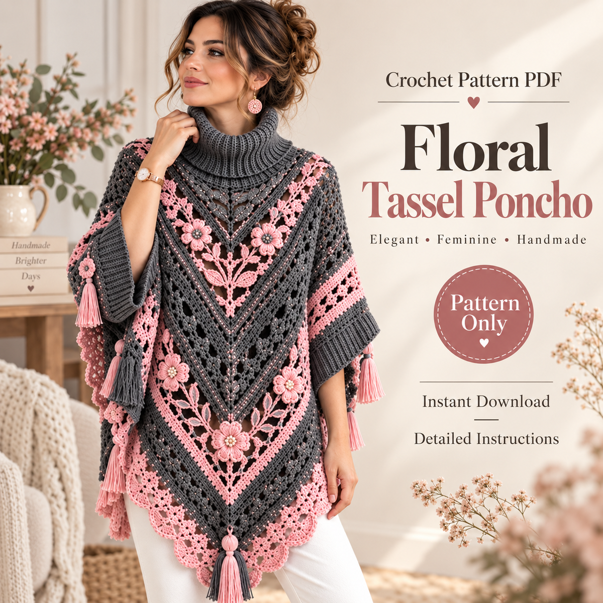 Elegant Floral Poncho Crochet Pattern PDF | Boho Crochet Poncho | Floral Lace Shawl Pattern | Crochet Wrap Pattern | Women's Crochet Clothing