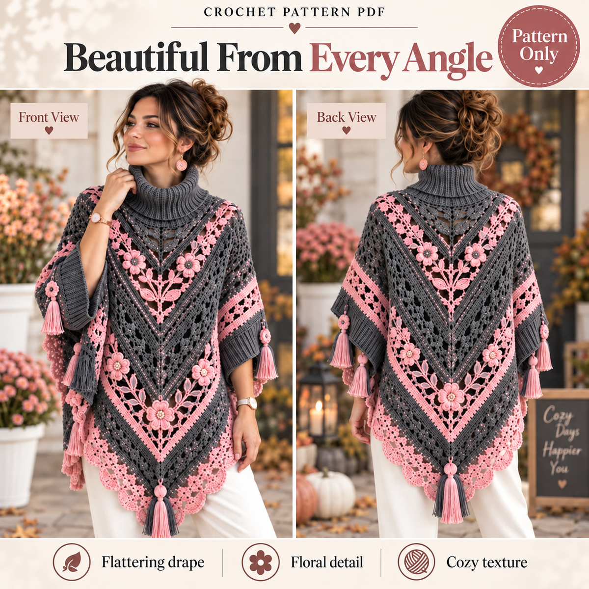 Elegant Floral Poncho Crochet Pattern PDF | Boho Crochet Poncho | Floral Lace Shawl Pattern | Crochet Wrap Pattern | Women's Crochet Clothing