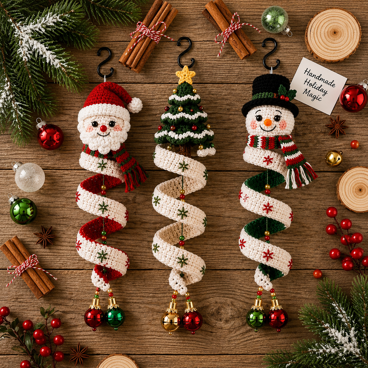 Christmas Spiral Ornament Crochet Pattern PDF | Santa, Snowman & Christmas Tree Hanging Decor | Amigurumi Holiday Ornament Pattern