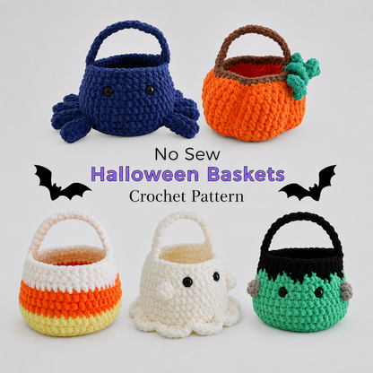 5 in 1 No Sew Boo Basket Crochet Pattern PDF | Halloween Crochet Basket | Spider Pumpkin Ghost Frankenstein Candy Corn Pattern Bundle